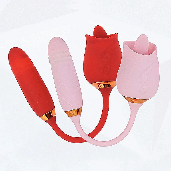 Trứng rung tình yêu hoa hồng hai đầu lưỡi liếm và trứng rung thụt