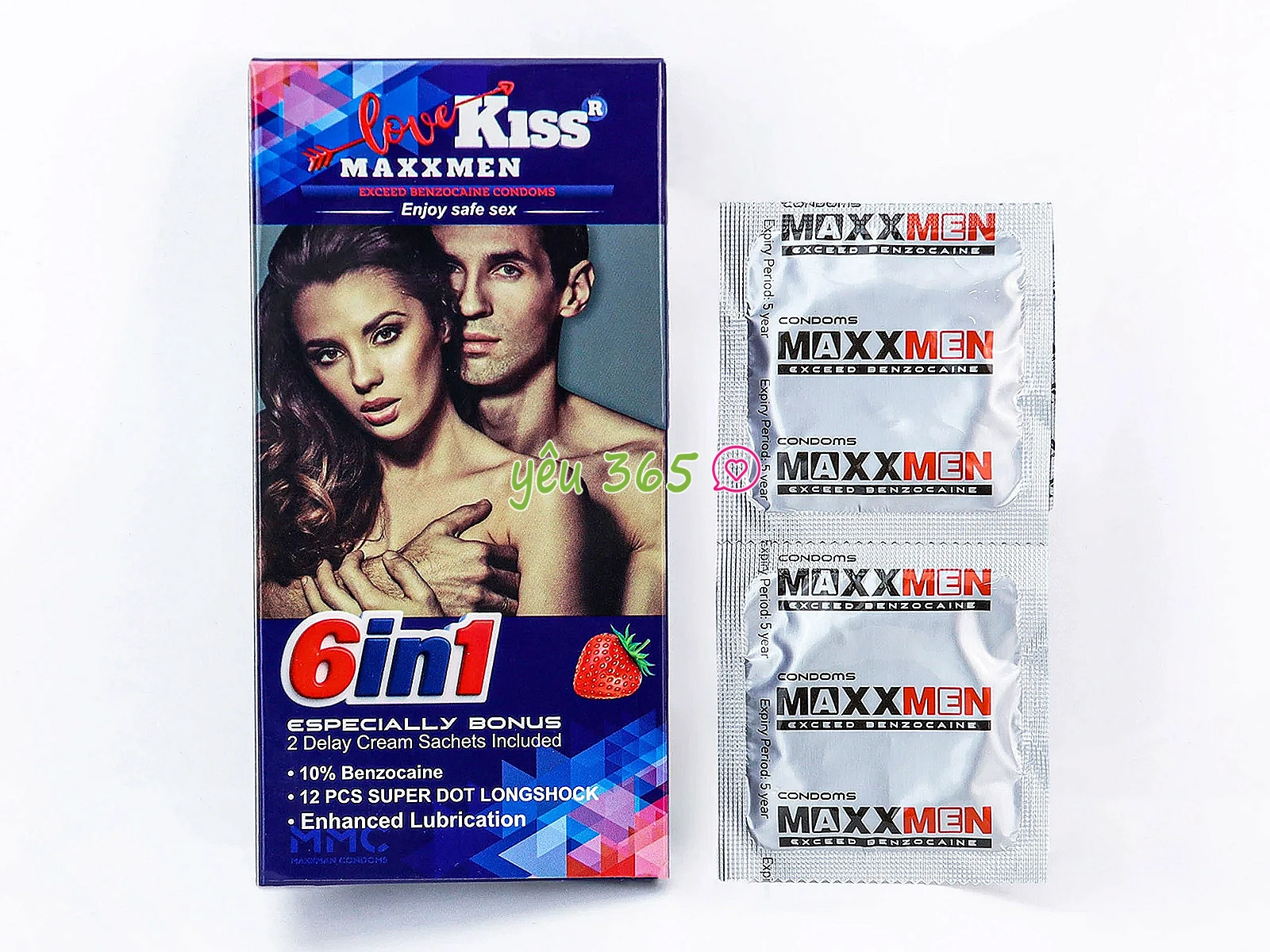 Bao Cao Su Love Kiss MaxxMen 6in1 hương dâu, gân gai giúp tăng khoái cảm, hỗ trợ kéo dài thời gian